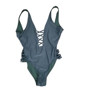 COASTAL WAVES Green‎ Laceup Plunge Swimsuit Size S